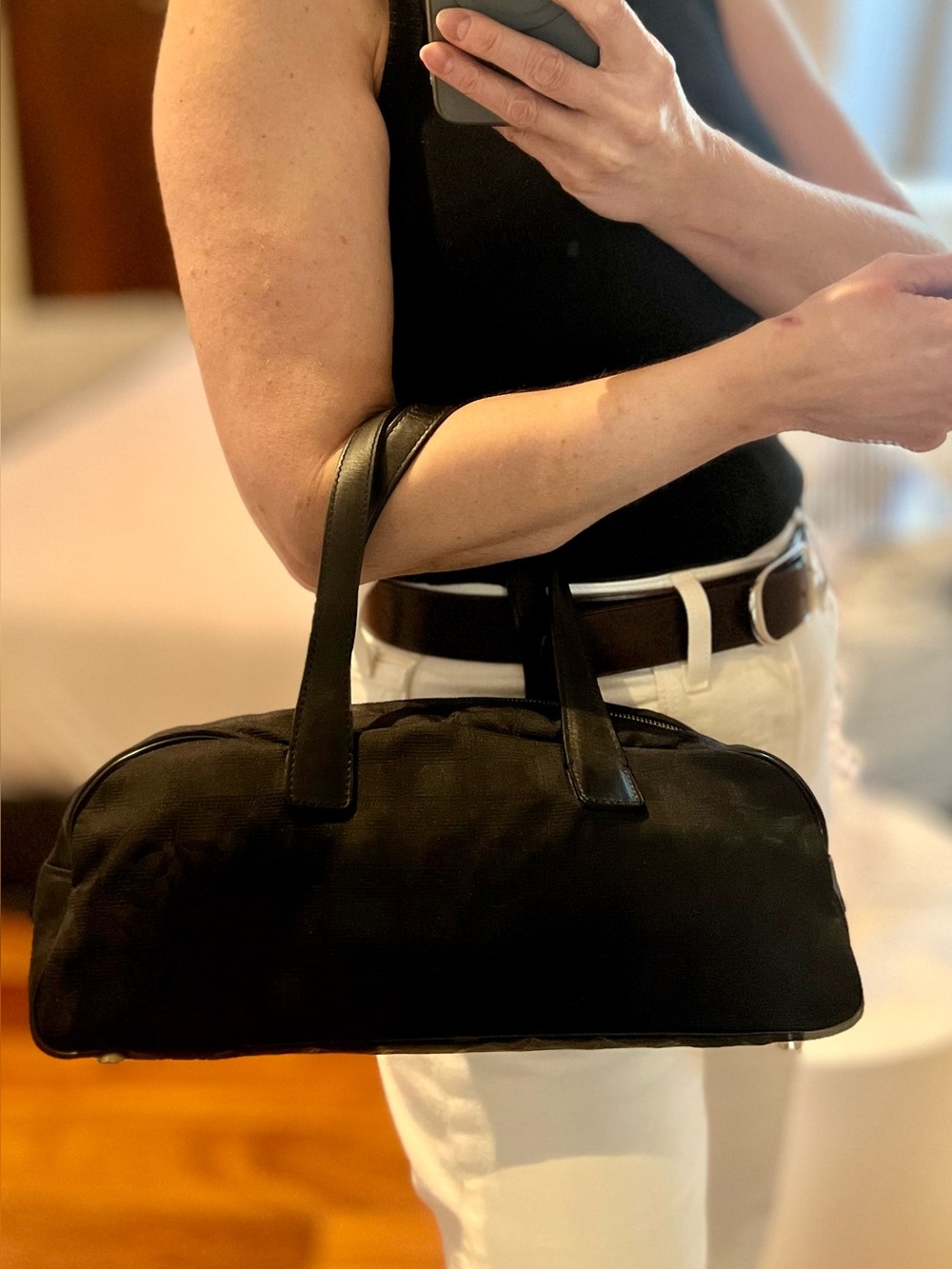 CHANEL Travel Line Black Nylon CC Logo Satchel Mini Boston Bag